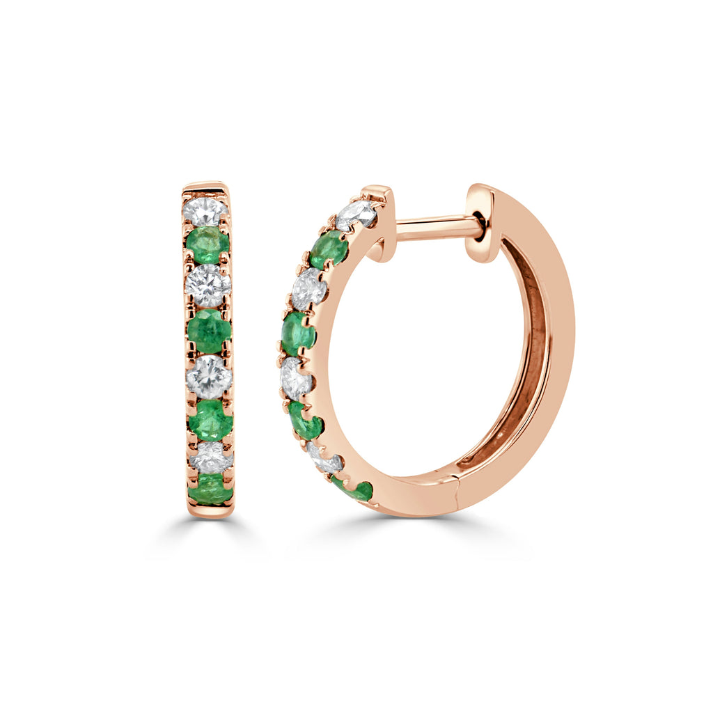 14K Gold Emerald & Diamond Alternating Huggie Hoop Earrings-Rose