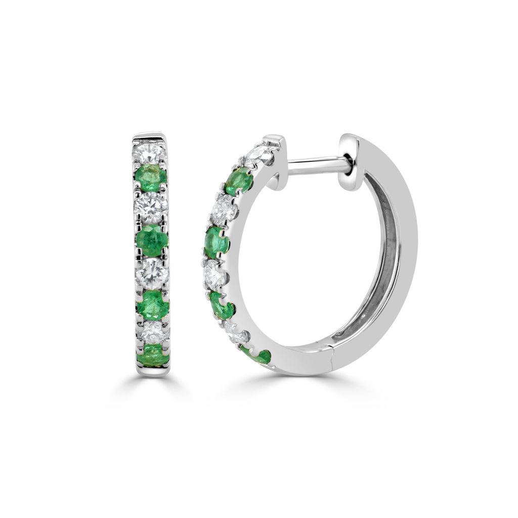 14K Gold Emerald & Diamond Alternating Huggie Hoop Earrings-White