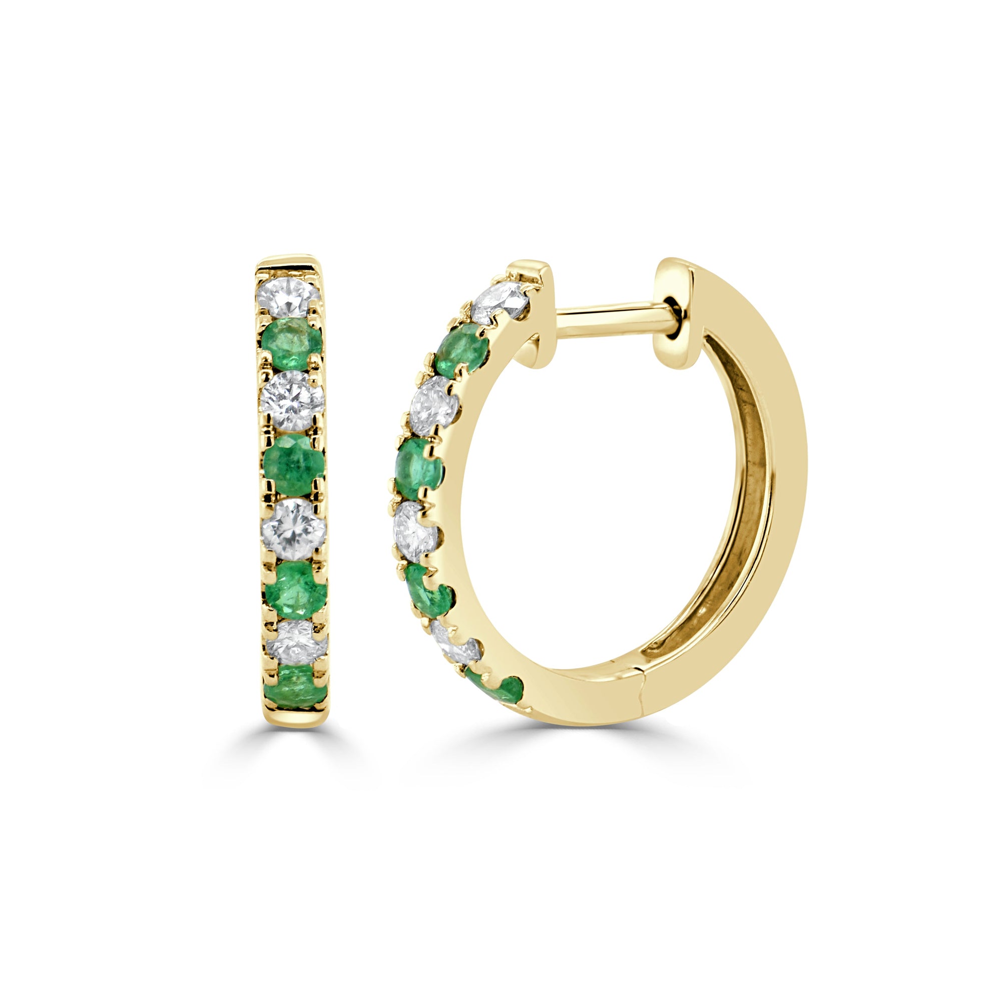 14K Gold Emerald & Diamond Alternating Huggie Hoop Earrings-Yellow