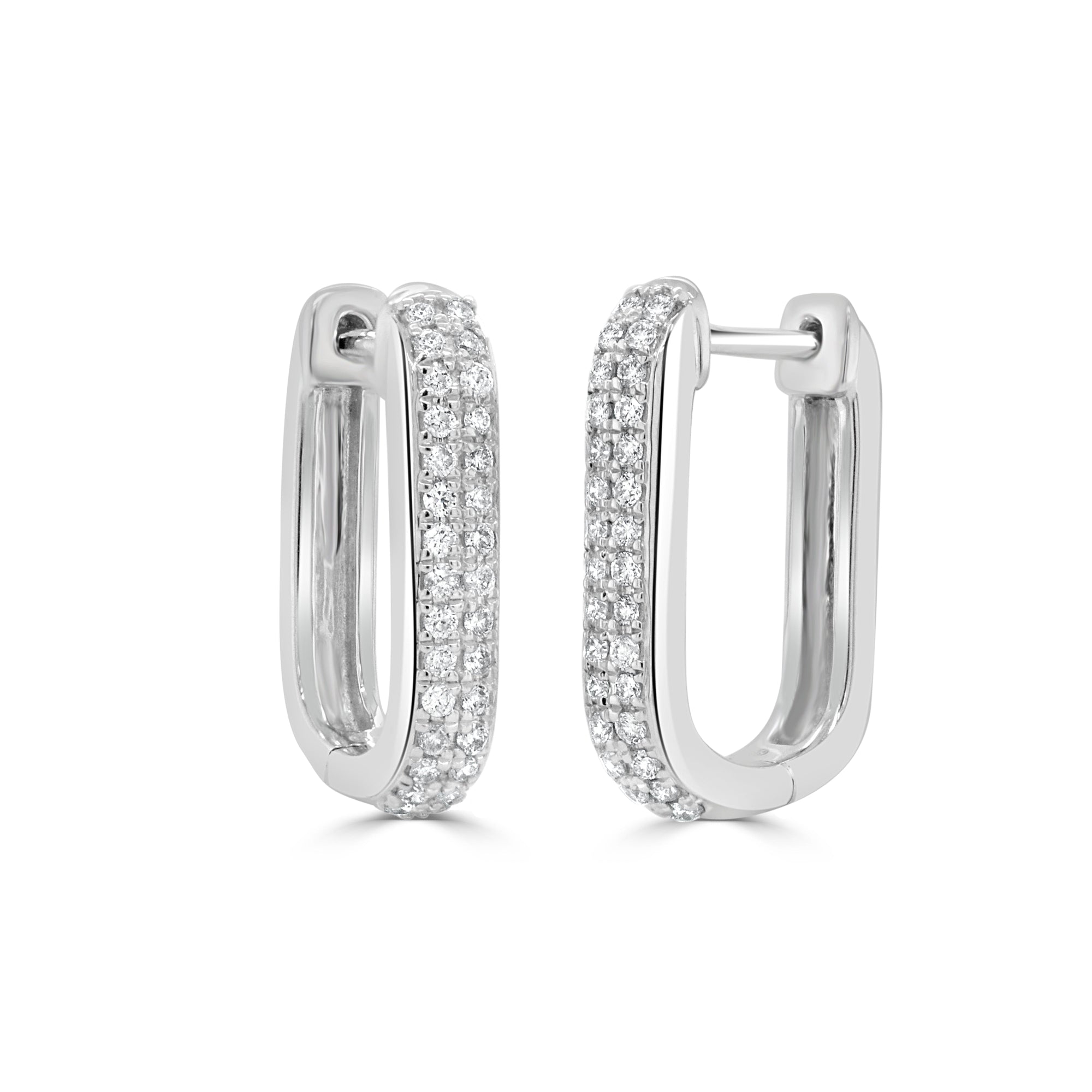 14K Gold Diamond Rectangle Hoop Earrings - White