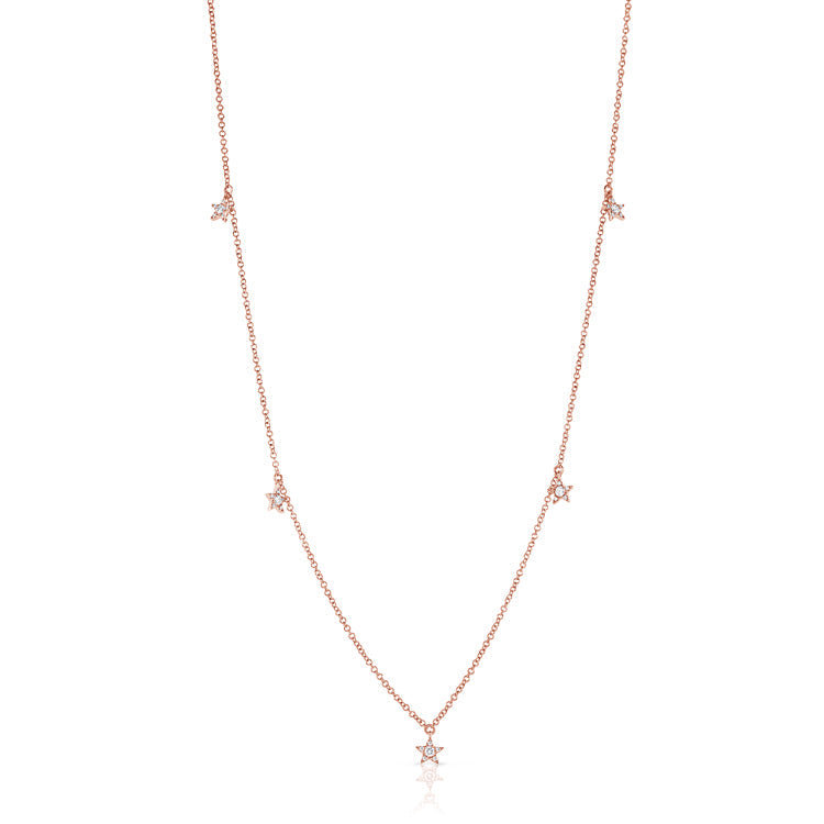 14K Gold Diamond Star Station Necklace - Rose