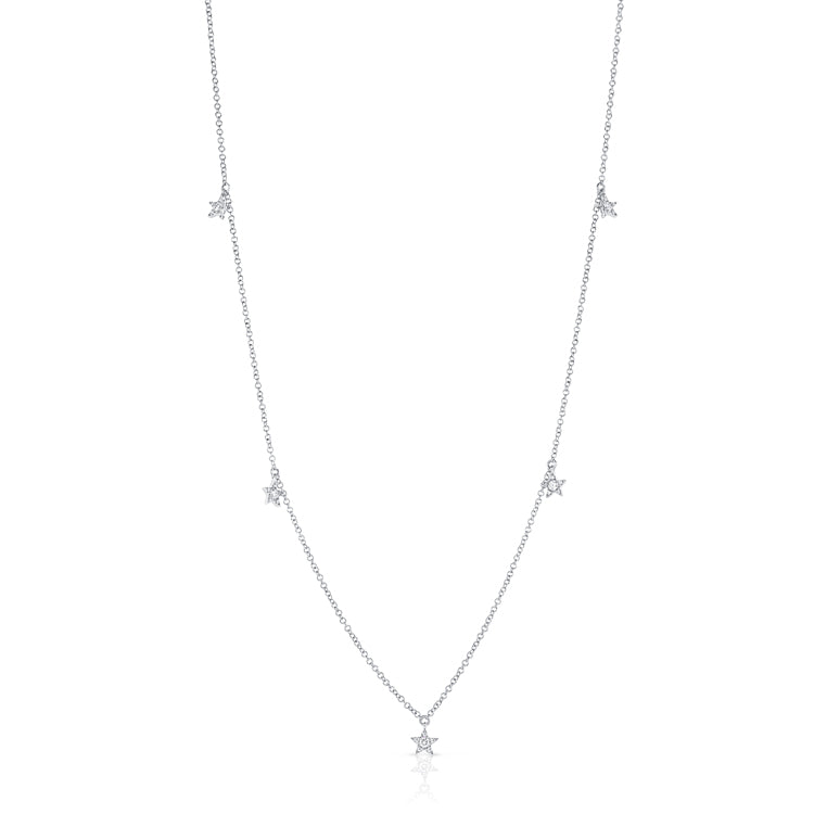 14K Gold Diamond Star Station Necklace - White