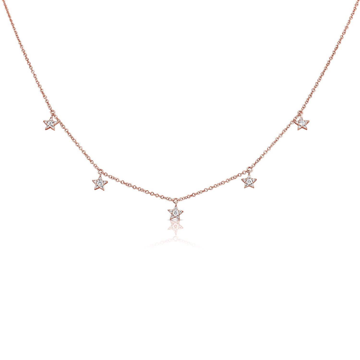14K Gold Diamond Star Station Necklace - Rose