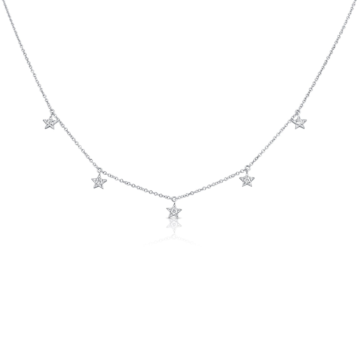 14K Gold Diamond Star Station Necklace - White