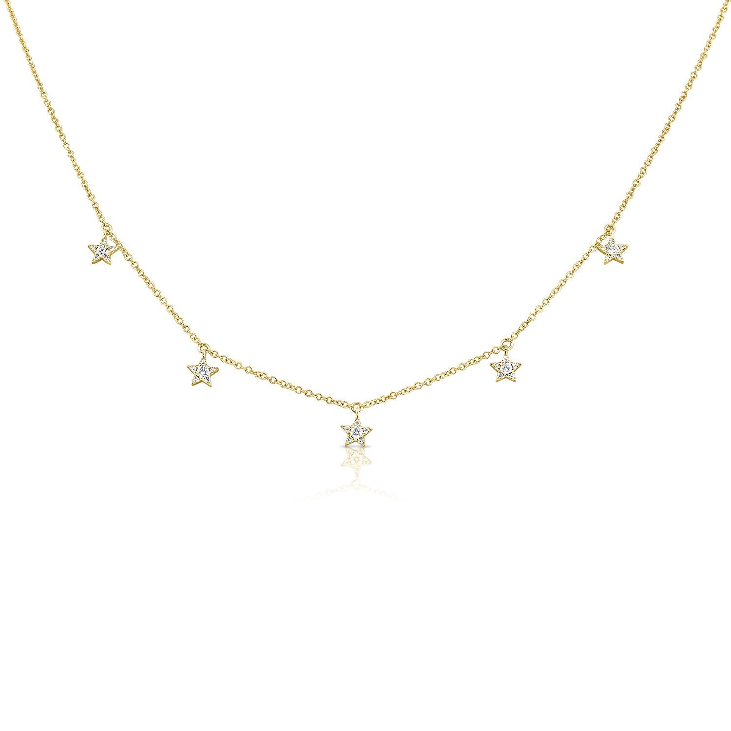 14K Gold Diamond Star Station Necklace - Yellow