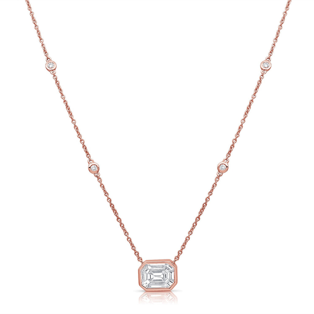 14K Gold Pie Cut Diamond Bezel Station Necklace - Rose