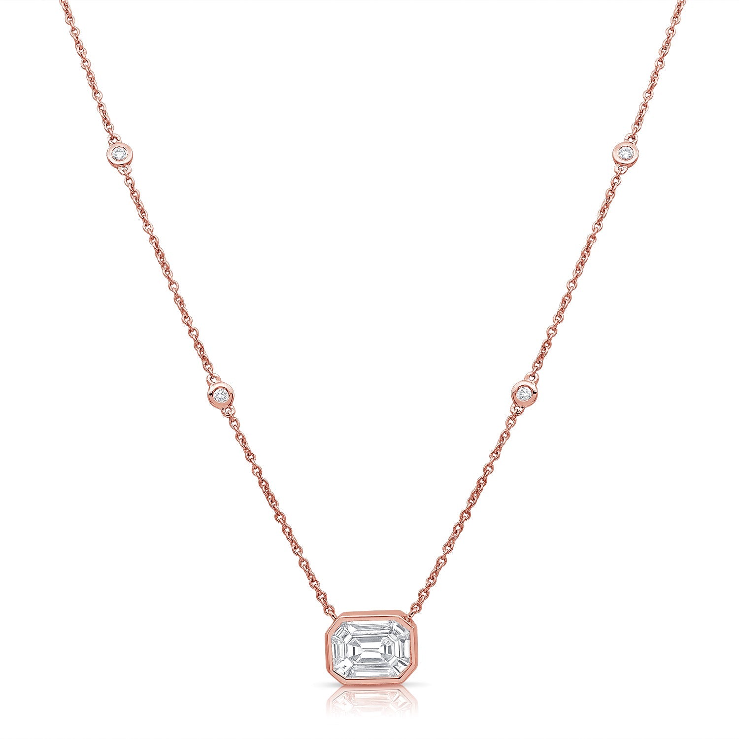 14K Gold Pie Cut Diamond Bezel Station Necklace - Rose