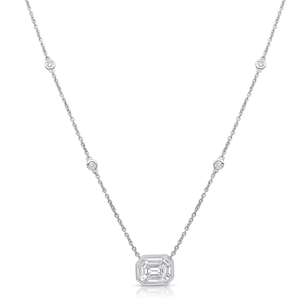 14K Gold Pie Cut Diamond Bezel Station Necklace - White