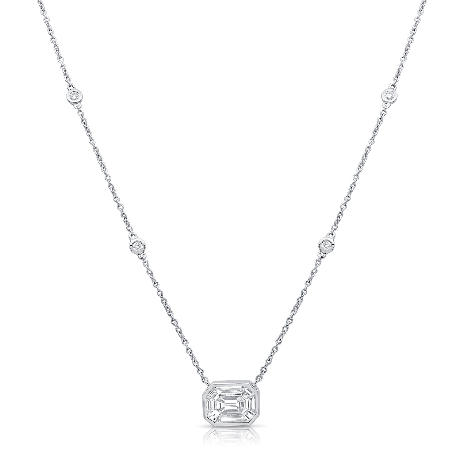 14K Gold Pie Cut Diamond Bezel Station Necklace - White