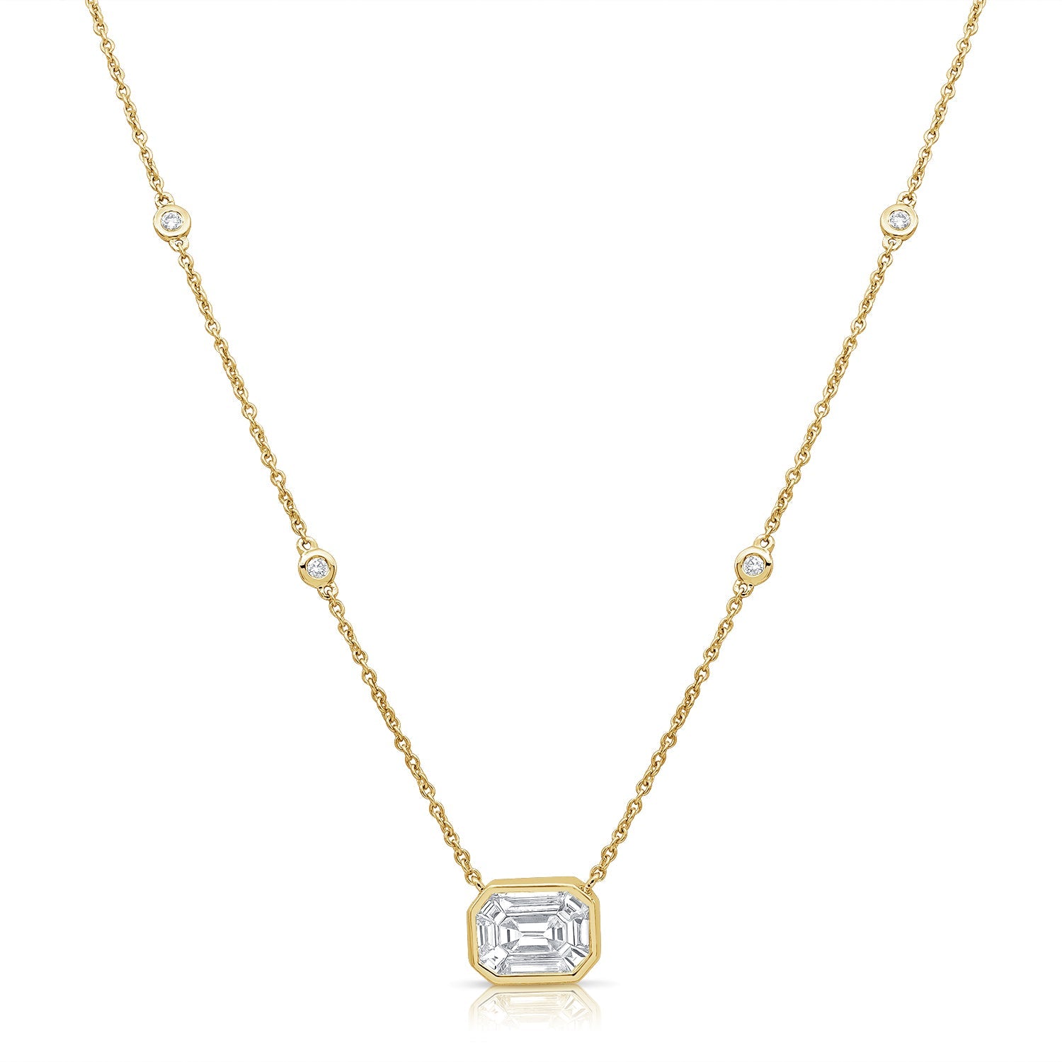14K Gold Pie Cut Diamond Bezel Station Necklace - Yellow