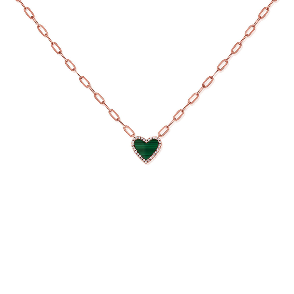 14K Gold Malachite & Diamond Heart Necklace-Rose