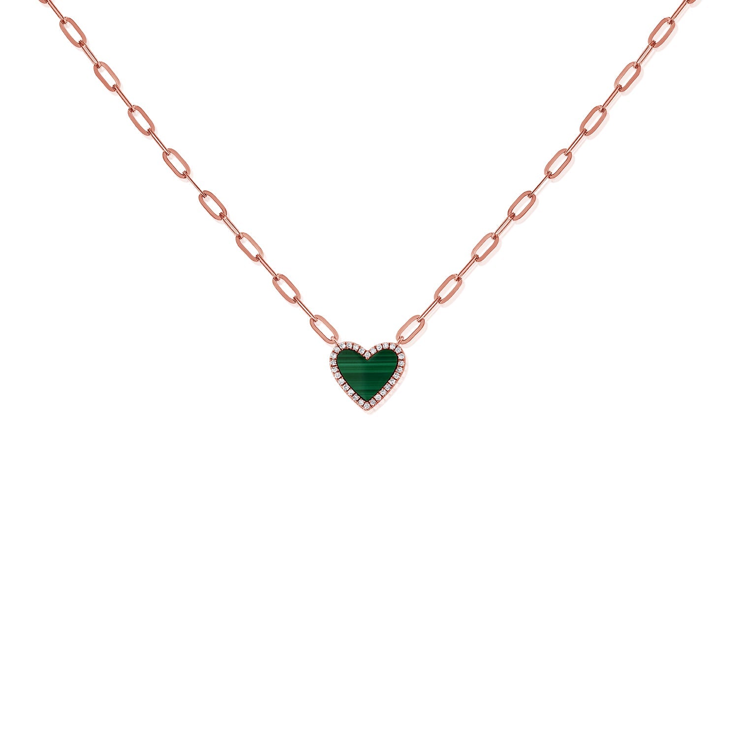 14K Gold Malachite & Diamond Heart Necklace-Rose