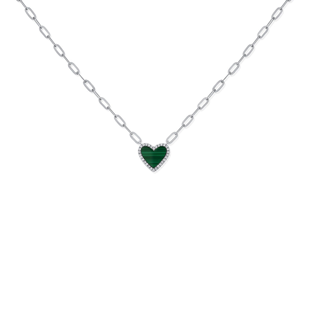 14K Gold Malachite & Diamond Heart Necklace-White