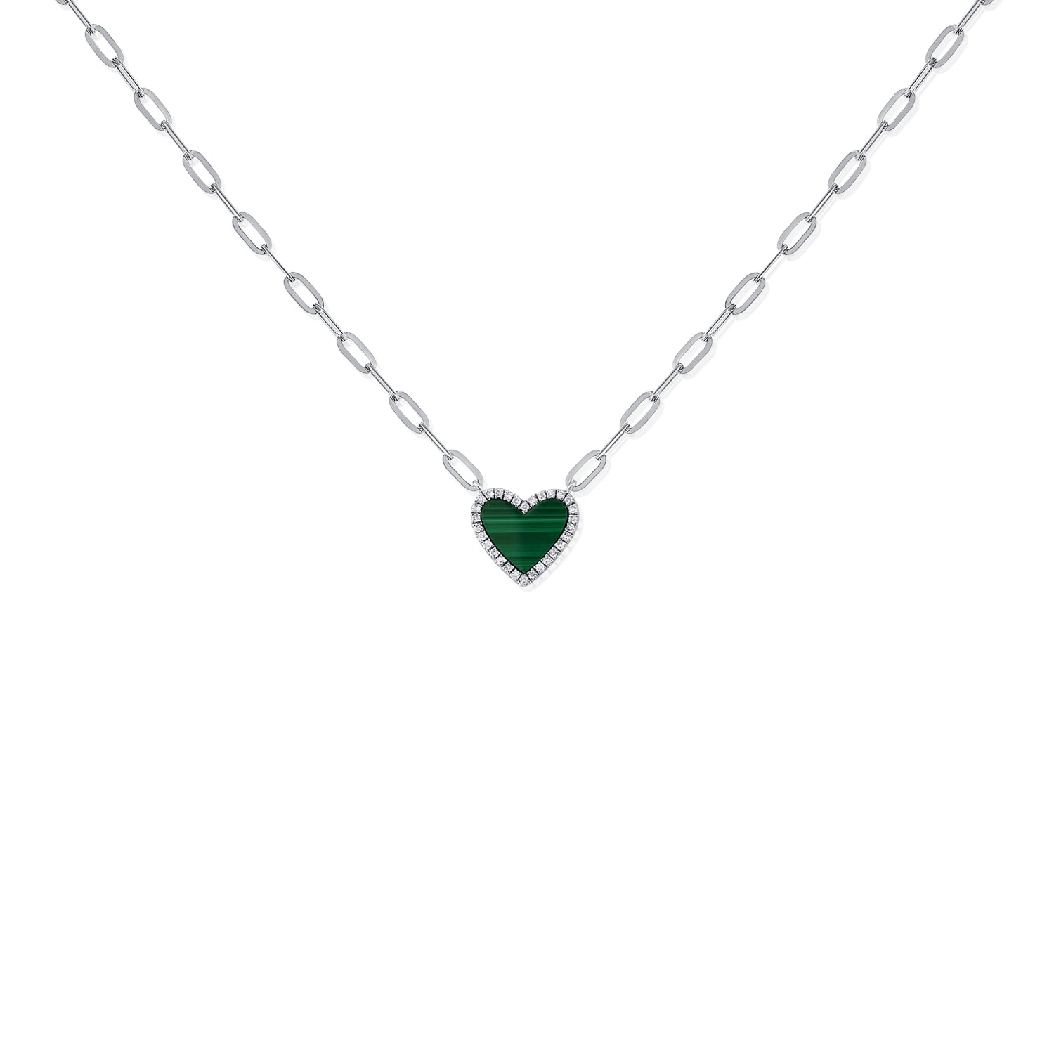 14K Gold Malachite & Diamond Heart Necklace-White