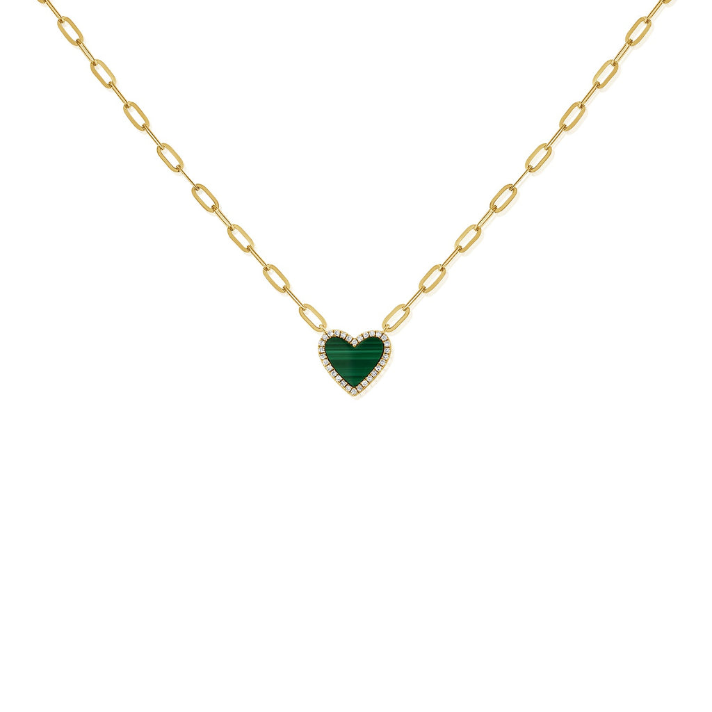 14K Gold Malachite & Diamond Heart Necklace -  Yellow