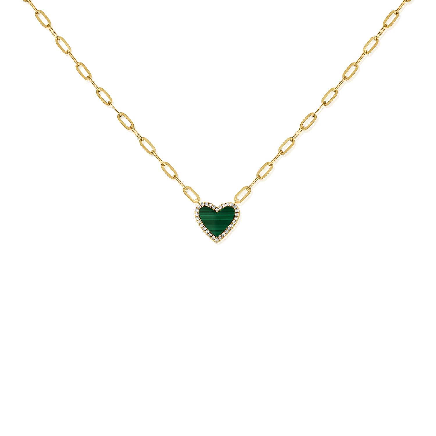 14K Gold Malachite & Diamond Heart Necklace -  Yellow