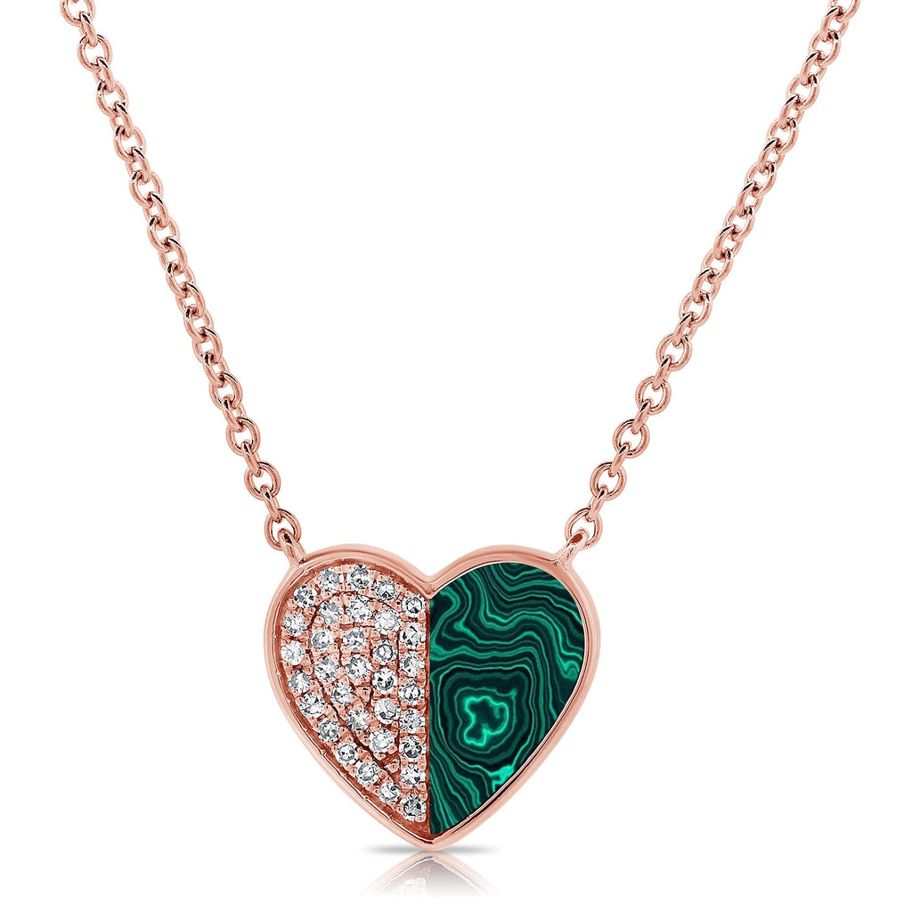 14K Gold Malachite & Diamond Heart Necklace - Rose