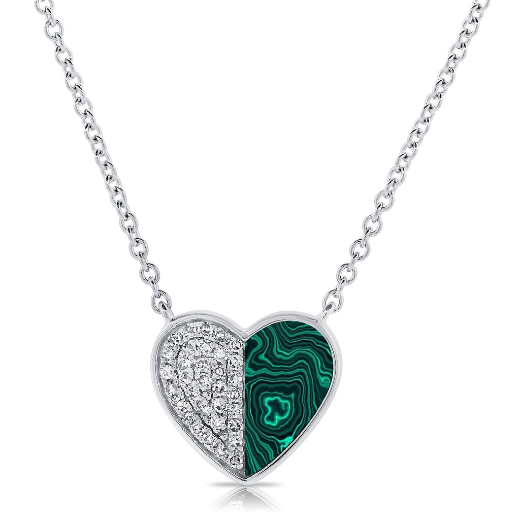 14K Gold Malachite & Diamond Heart Necklace - White