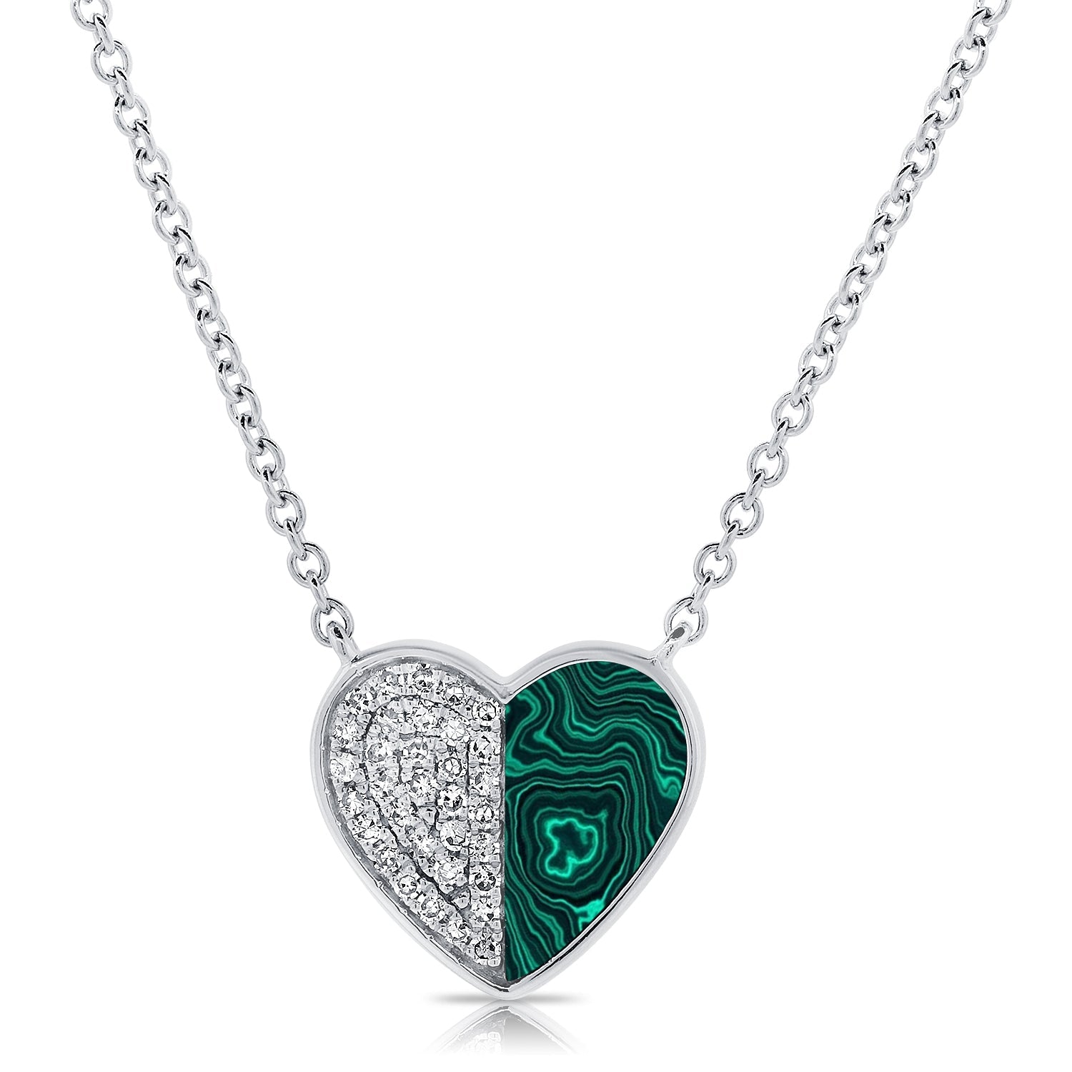14K Gold Malachite & Diamond Heart Necklace - White