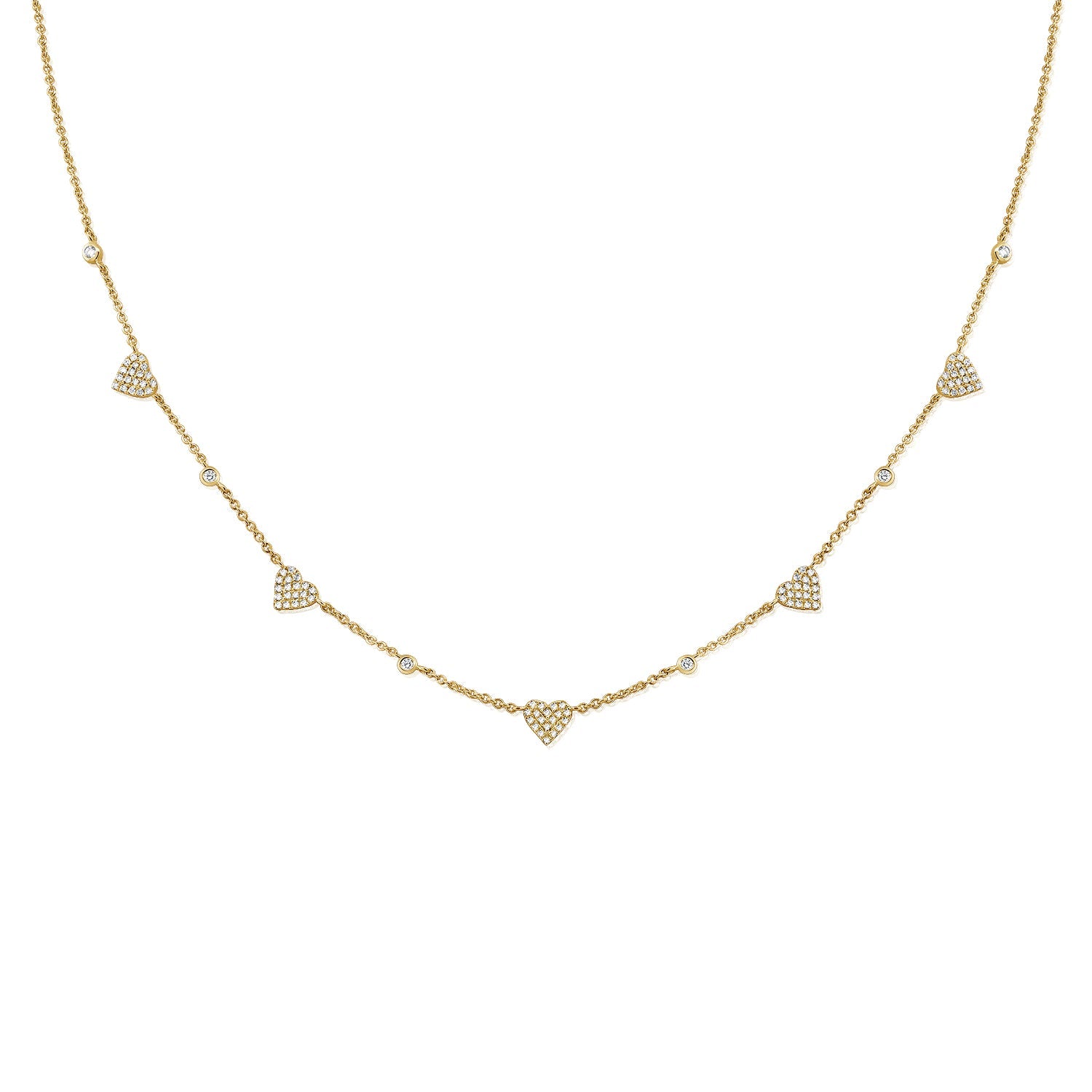 14K Gold Diamond Heart Station Necklace – Yellow