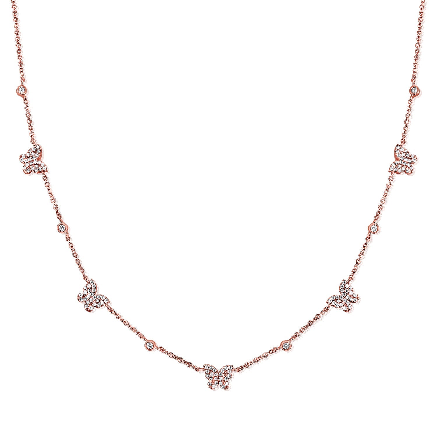 14K Gold Diamond Butterfly Station Necklace-Rose