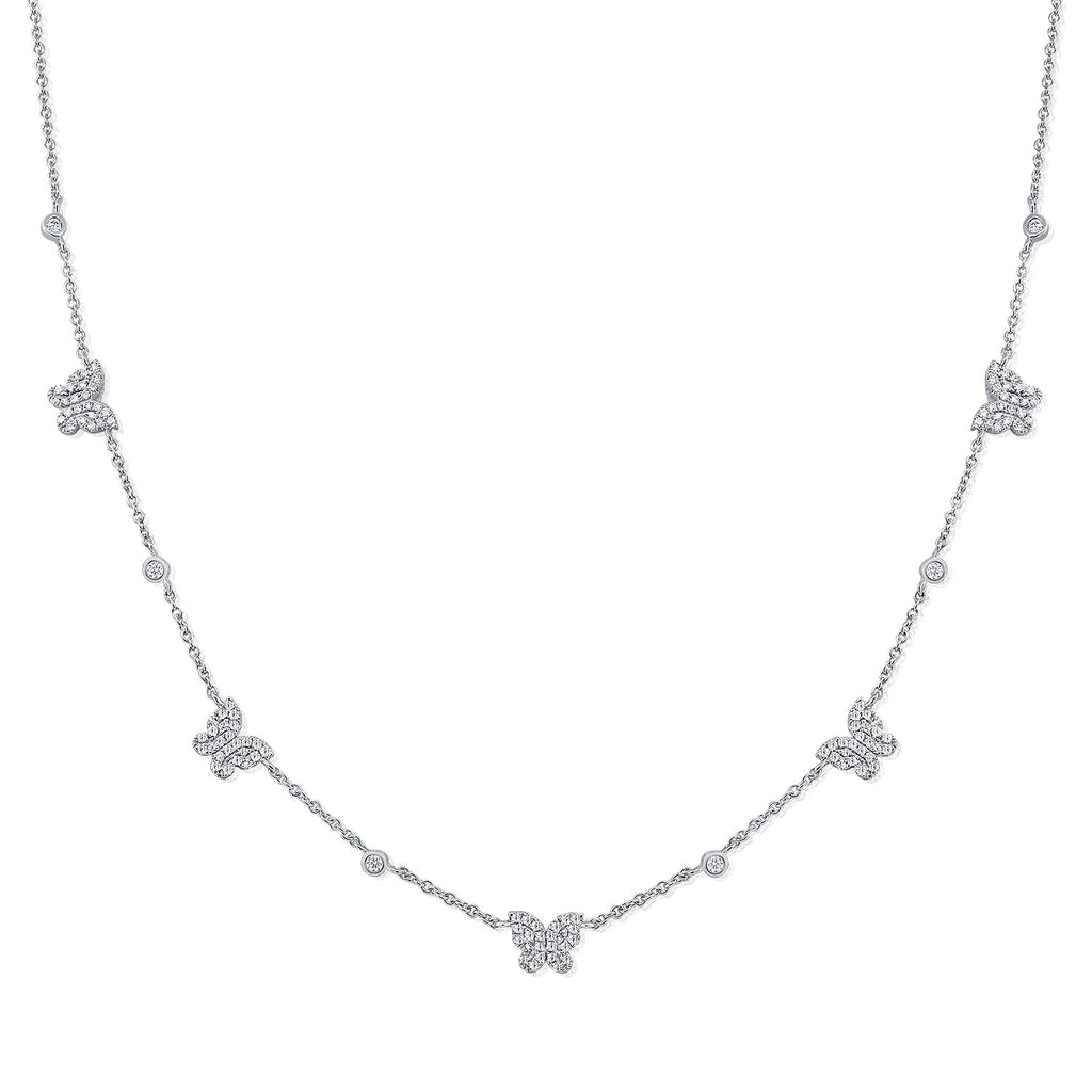 14K Gold Diamond Butterfly Station Necklace-White