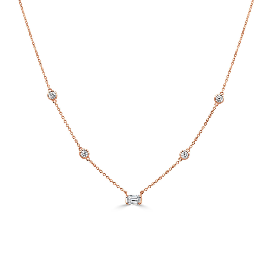 14K Gold Round & Emerald Cut Diamond Necklace - Rose