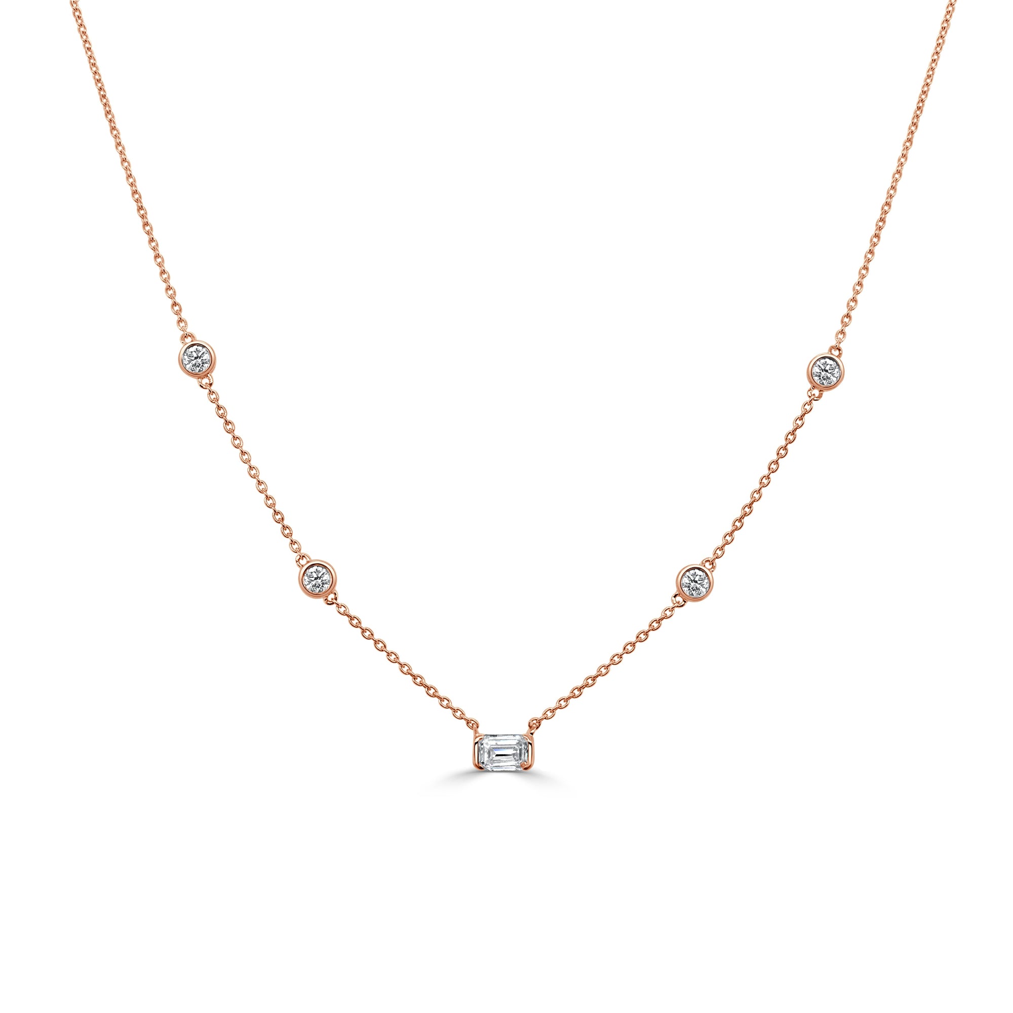 14K Gold Round & Emerald Cut Diamond Necklace - Rose