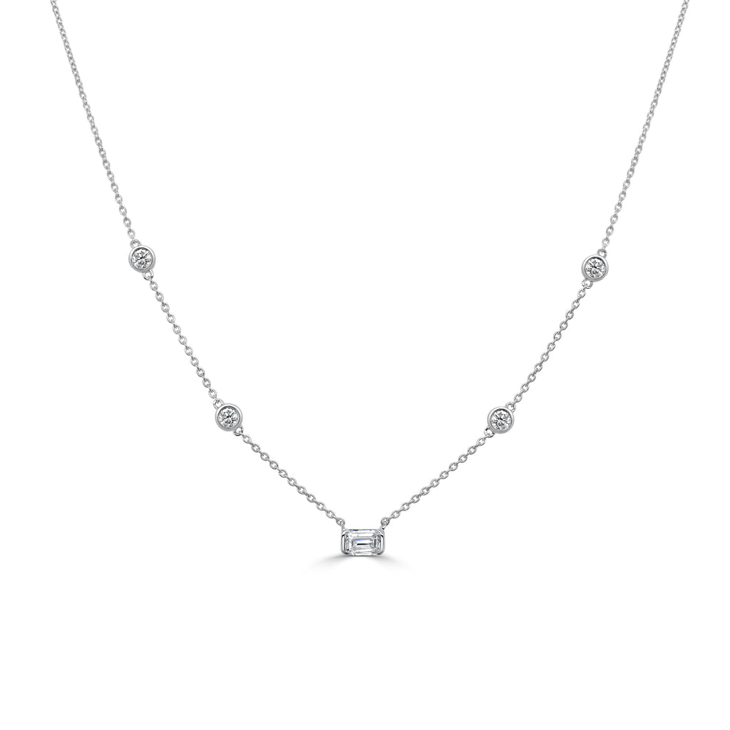 14K Gold Round & Emerald Cut Diamond Necklace - White