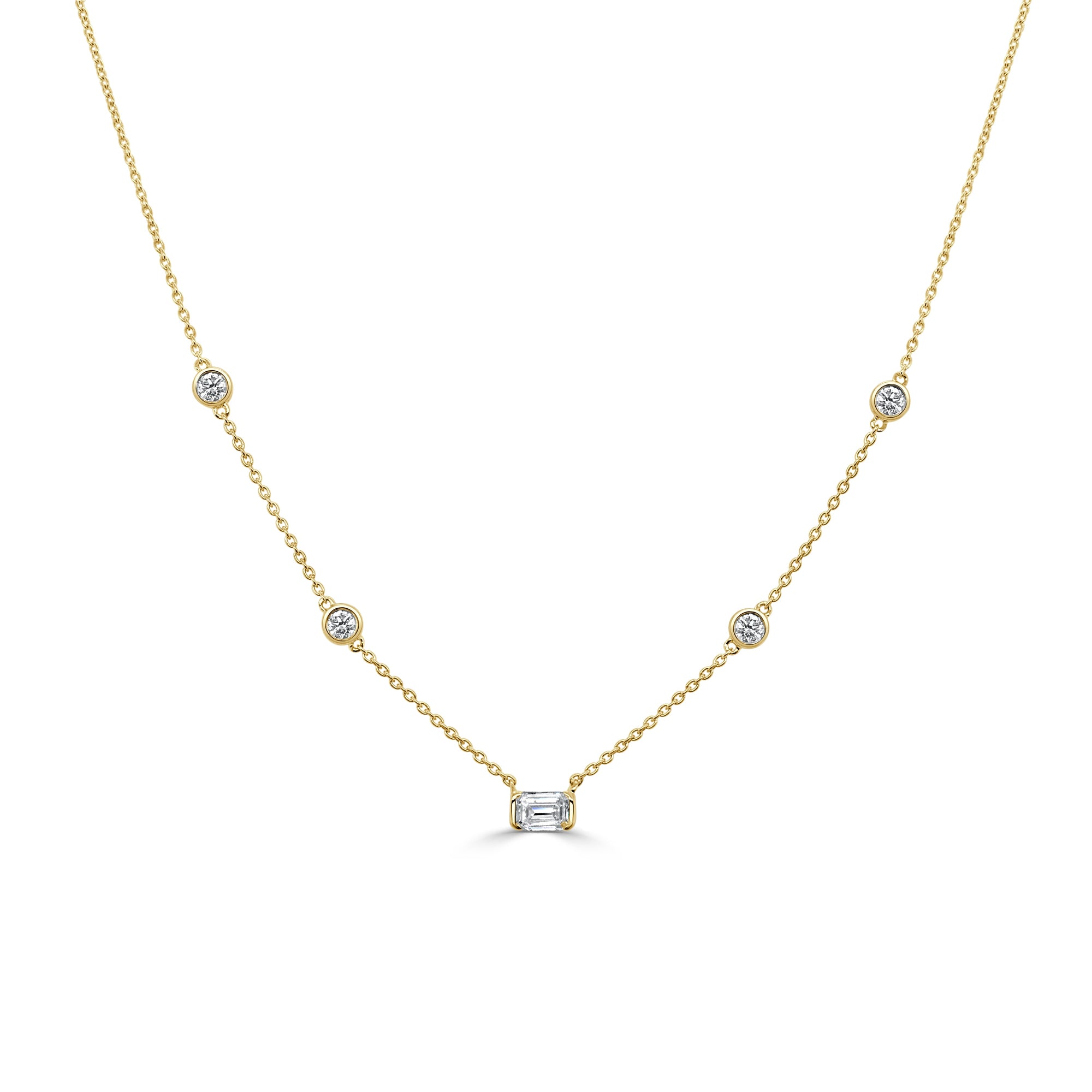 14K Gold Round & Emerald Cut Diamond Necklace - Yellow