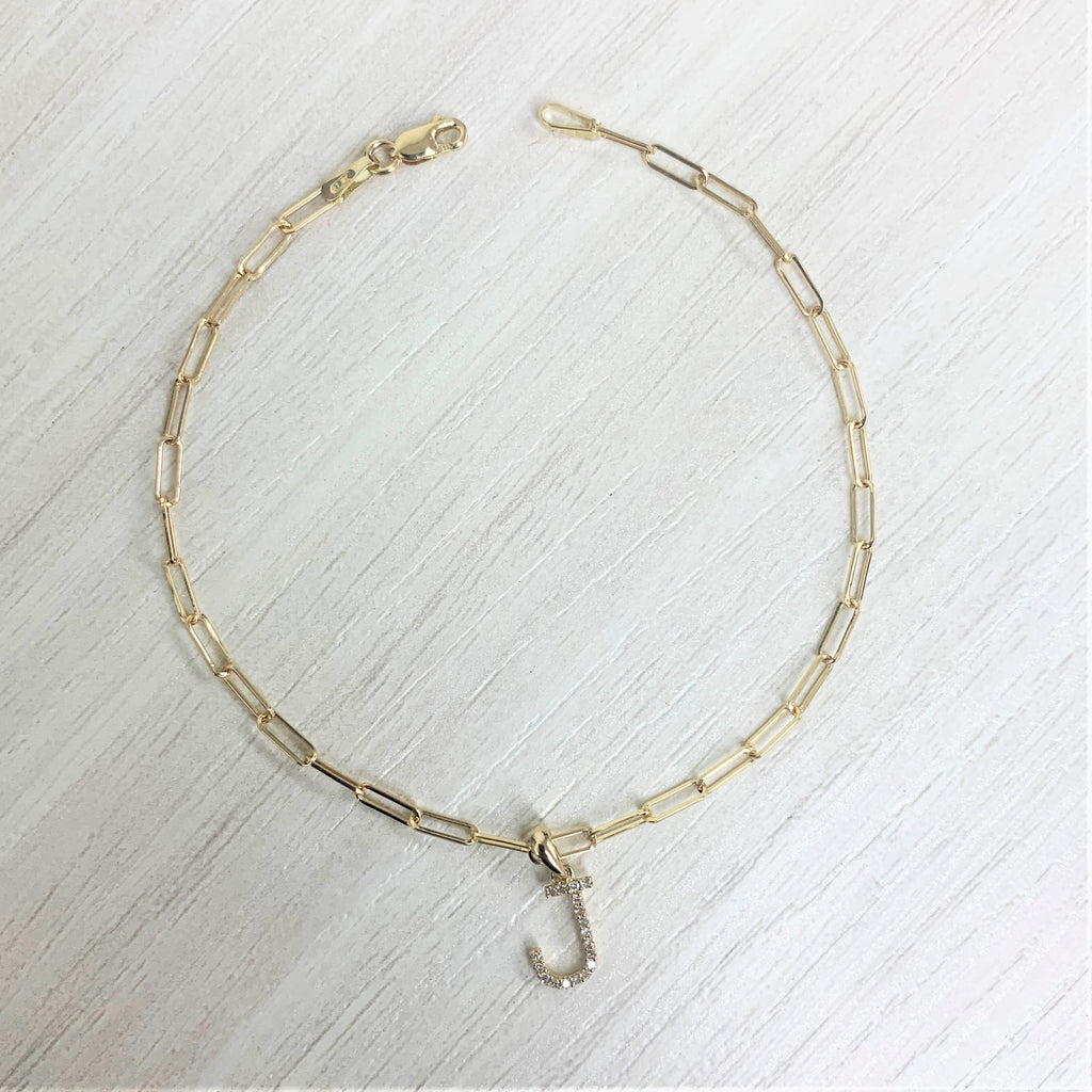 Diamond Initial Paperclip Link Bracelet, 14K