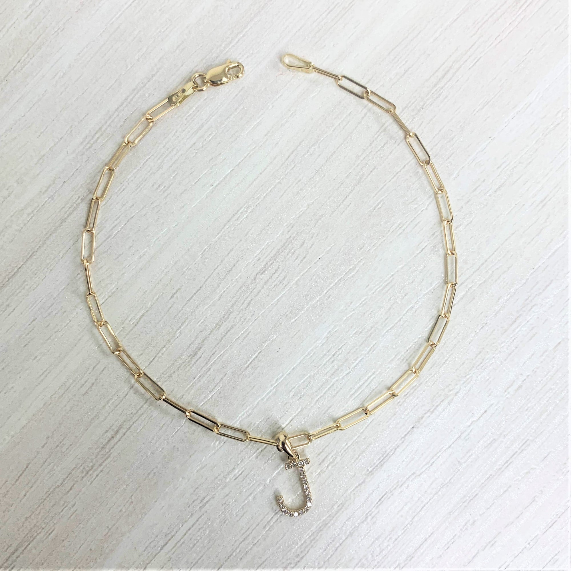 Diamond Initial Paperclip Link Bracelet, 14K