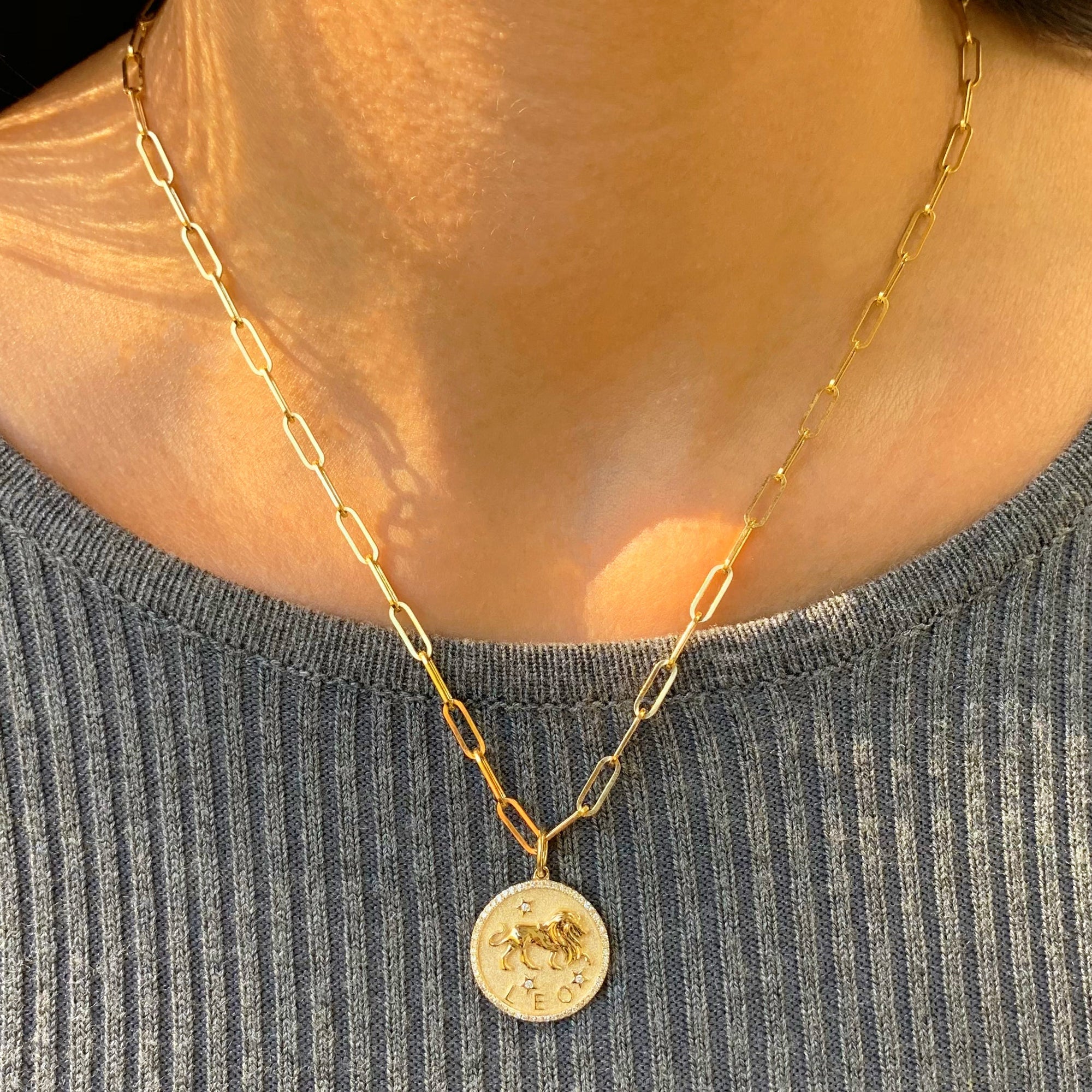 14K Gold Diamond Zodiac Leo Charm Necklace